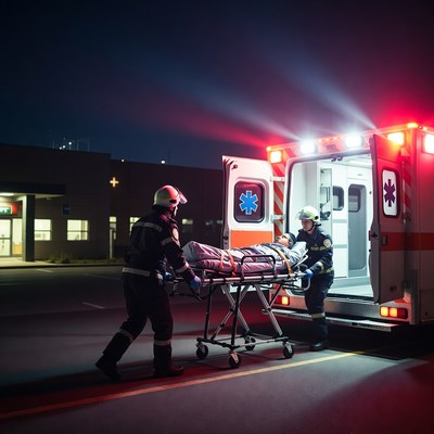 Firefighters Carrying Stretcher to Ambulance