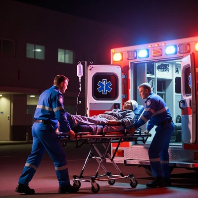 Paramedics Wheeling Patient into Ambulance
