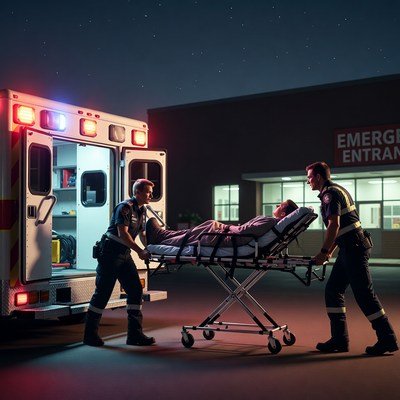 Paramedics Wheeling Patient into Ambulance