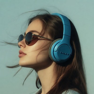 Woman wearing blue headphones sunglasses