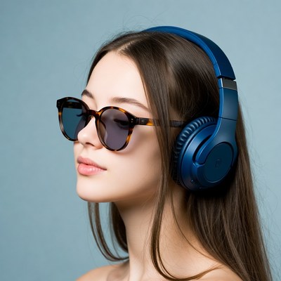 Woman wearing headphones and sunglasses