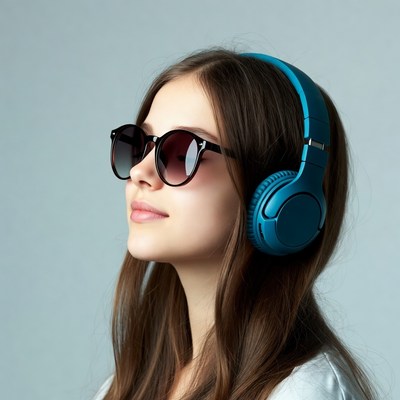 Woman wearing headphones and sunglasses