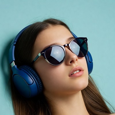 Woman wearing headphones and sunglasses