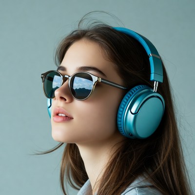 Woman wearing headphones and sunglasses