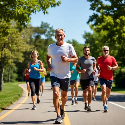 Group of runners jogging on park path
