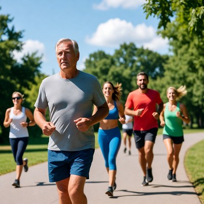 Group running on park path