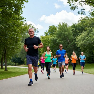Group jogging on park path