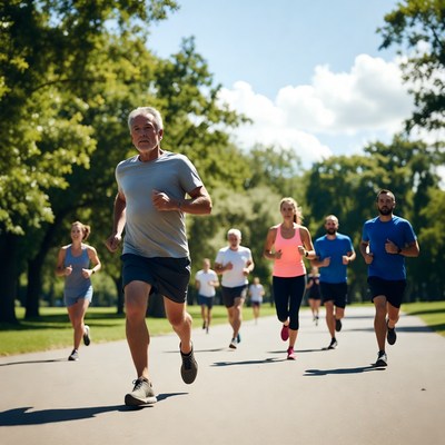 Group of runners jogging on park path