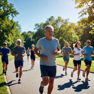 Group of runners jogging on park path