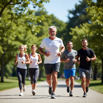 Group jogging on tree-lined path