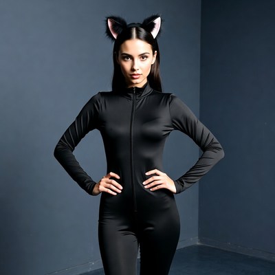 Woman in black catsuit with cat ears