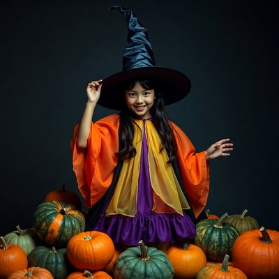 Asian girl in witch costume with pumpkins