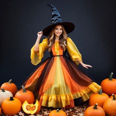 Girl in Witch Costume with Pumpkins