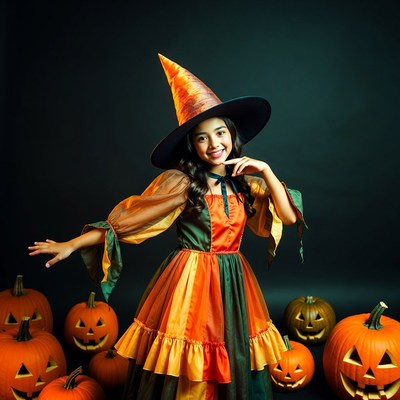 Asian girl in witch costume with pumpkins