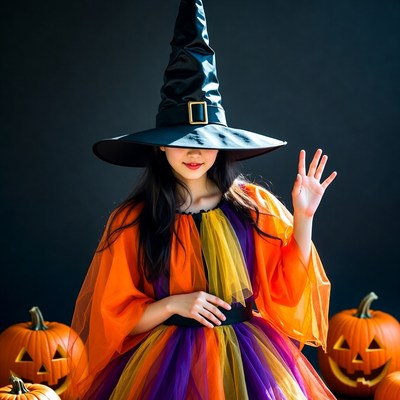 Asian woman waving in witch costume