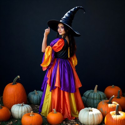 Woman in colorful witch costume with pumpkins