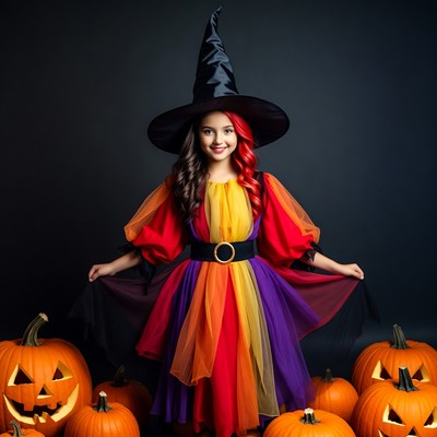 Girl in colorful witch costume with pumpkins