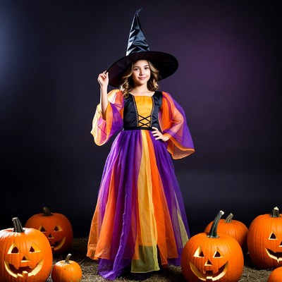 Girl in Witch Costume with Pumpkins