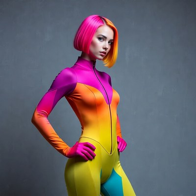 Woman in colorful futuristic bodysuit