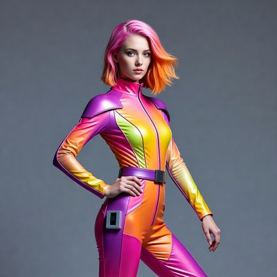 Woman in colorful futuristic jumpsuit