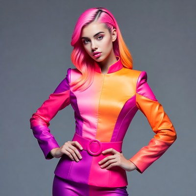 Woman with pink hair in colorful suit