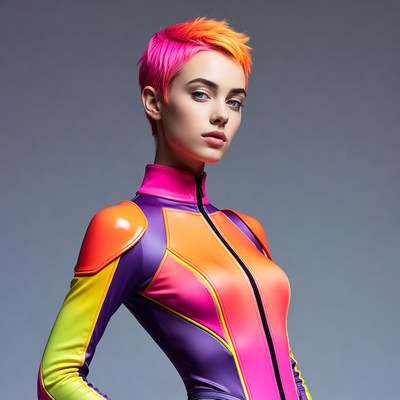 Woman with pink orange pixie haircut in colorful suit