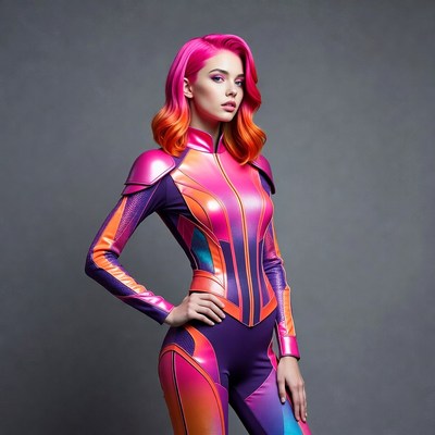 Woman in pink orange futuristic bodysuit