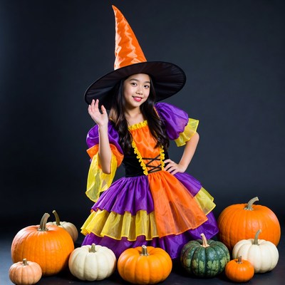 Asian girl in witch costume with pumpkins