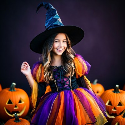 Girl in Witch Costume with Pumpkins