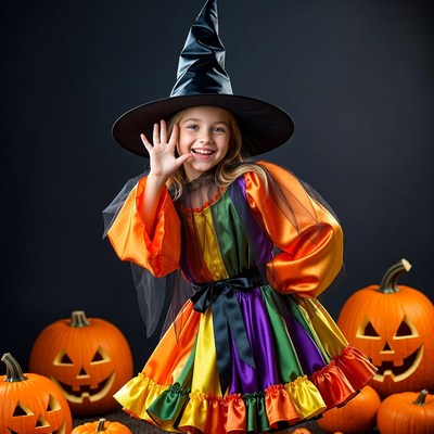Girl in Witch Costume with Pumpkins