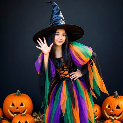 Asian girl waving in witch costume