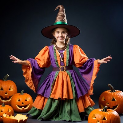 Girl in witch costume with pumpkins