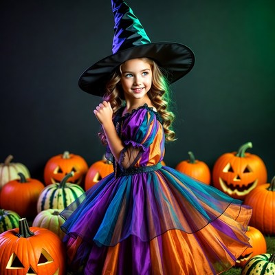 Girl in Witch Costume with Pumpkins
