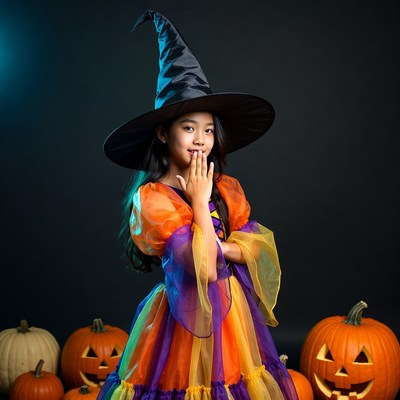 Asian girl in witch costume with pumpkins