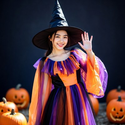Asian girl waving in witch costume