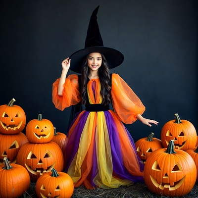 Girl in colorful witch costume with pumpkins