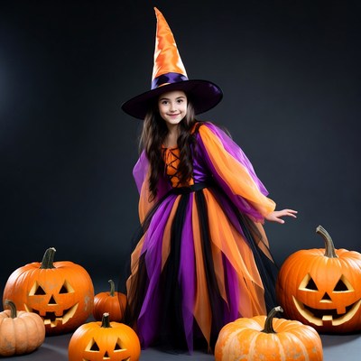 Girl in Witch Costume with Pumpkins