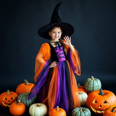 Girl in Witch Costume with Pumpkins