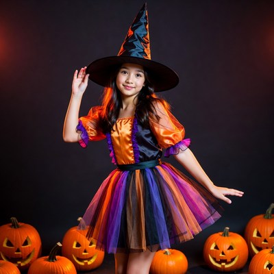 Asian girl in witch costume with pumpkins
