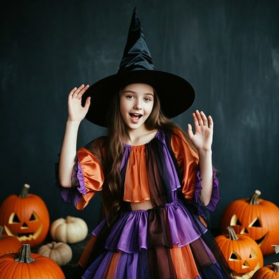Girl in witch costume with pumpkins