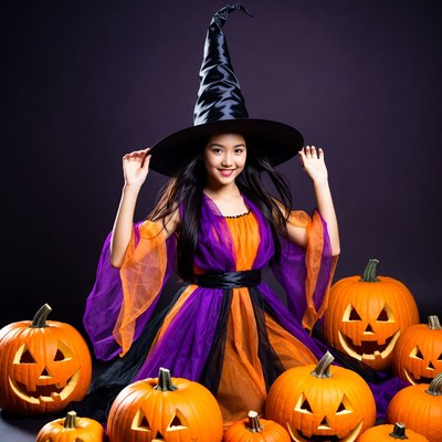 Asian girl in witch costume with pumpkins