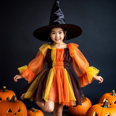 Asian girl in witch costume with pumpkins