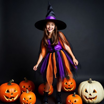 Girl in Witch Costume with Pumpkins