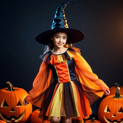Girl in Witch Costume with Pumpkins