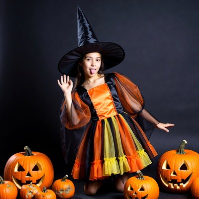 Girl in Witch Costume with Pumpkins