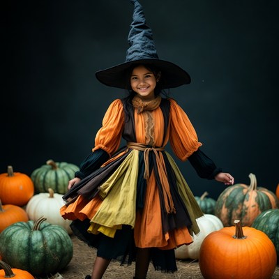 Girl in Witch Costume with Pumpkins
