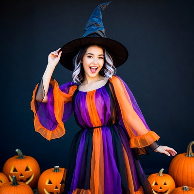 Woman in Witch Costume with Pumpkins