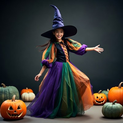 Asian girl in witch costume with pumpkins
