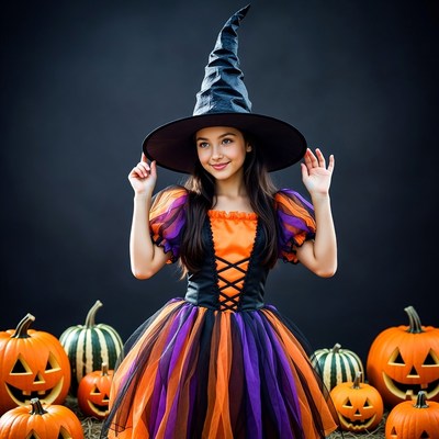 Girl in Witch Costume with Pumpkins