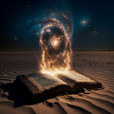 Open ancient book with galaxy portal in desert